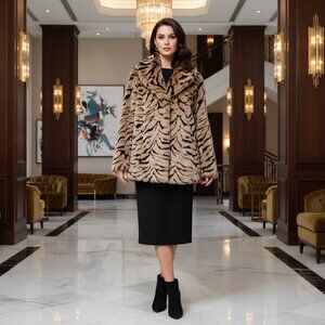 LUXURY Faux Fur Designer Coat by DENNIS BASSO Tiger Animal Print Black Satin Int